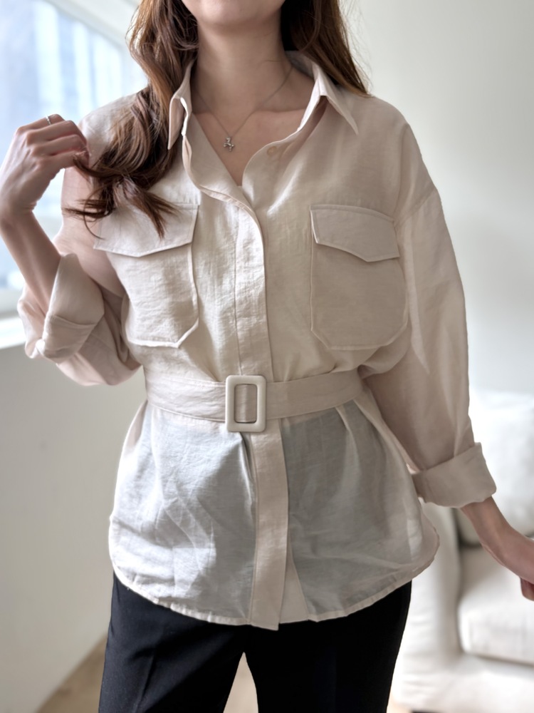 Feminine Belted Pocket Blouse (Pink)