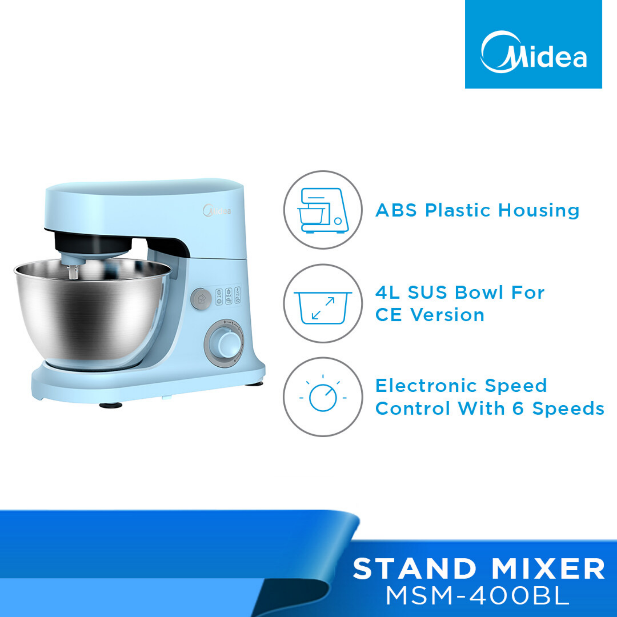 Midea 4.0L Stand Mixer With 6 Speed & Electronic Control Speed 600W (Blue) MSM-400BL