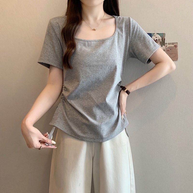 B233(A1868) 韩版休闲风U领双边腰抽绳显瘦4色上衣