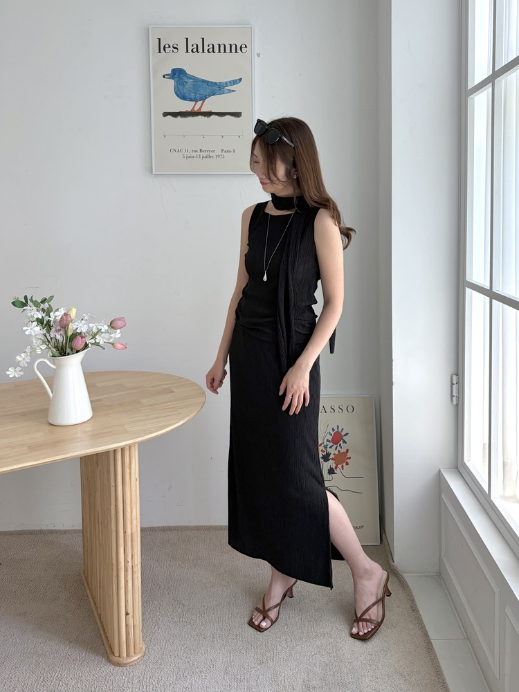 Summer Pleated Scarf Set (Black)