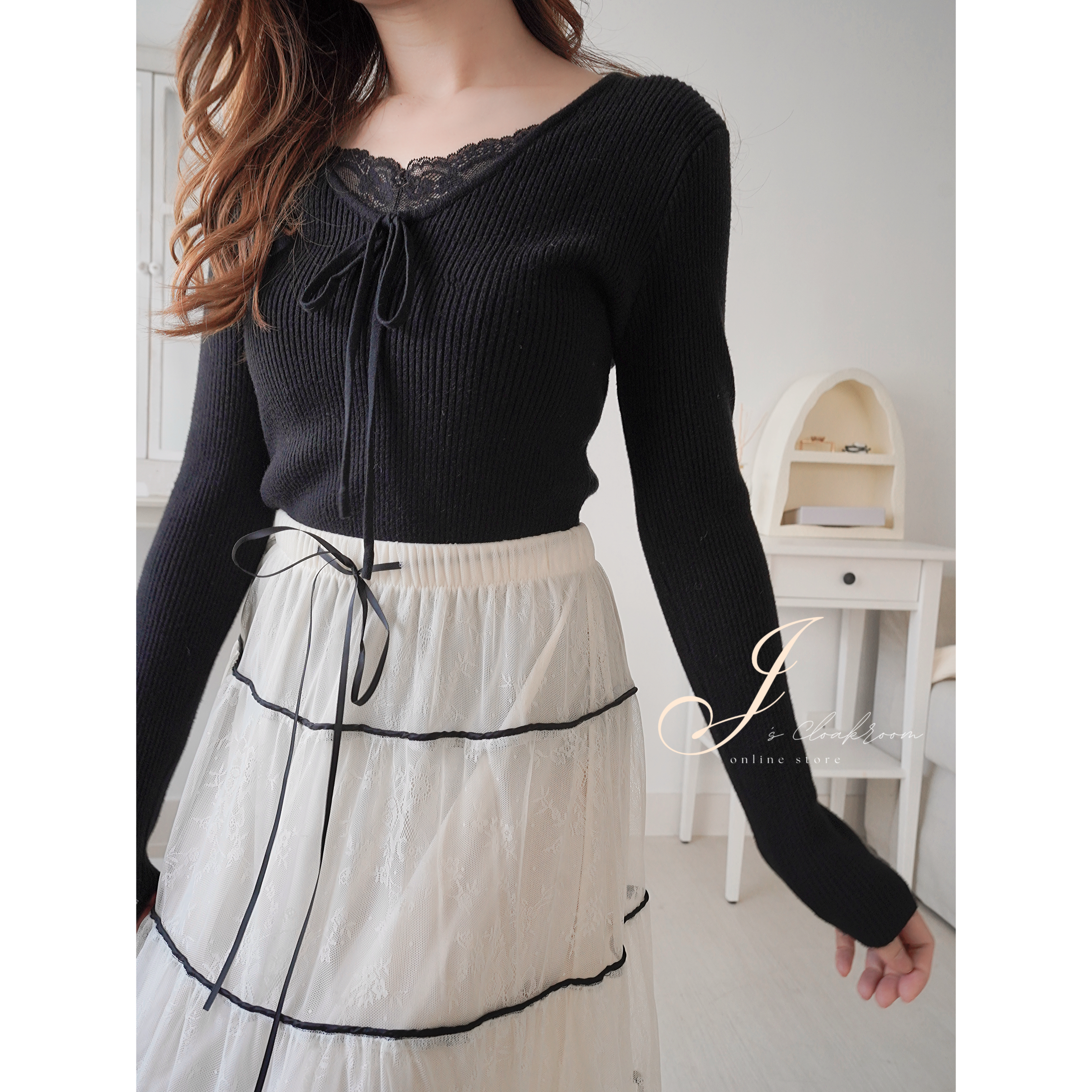 超修身♡蕾絲拼布針織上衣(KR)黑色315653