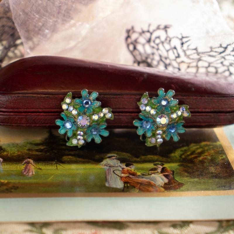 C.a. 1960s German Hand-painted Fairy Floral Cluster Clip Earrings(NA0724)