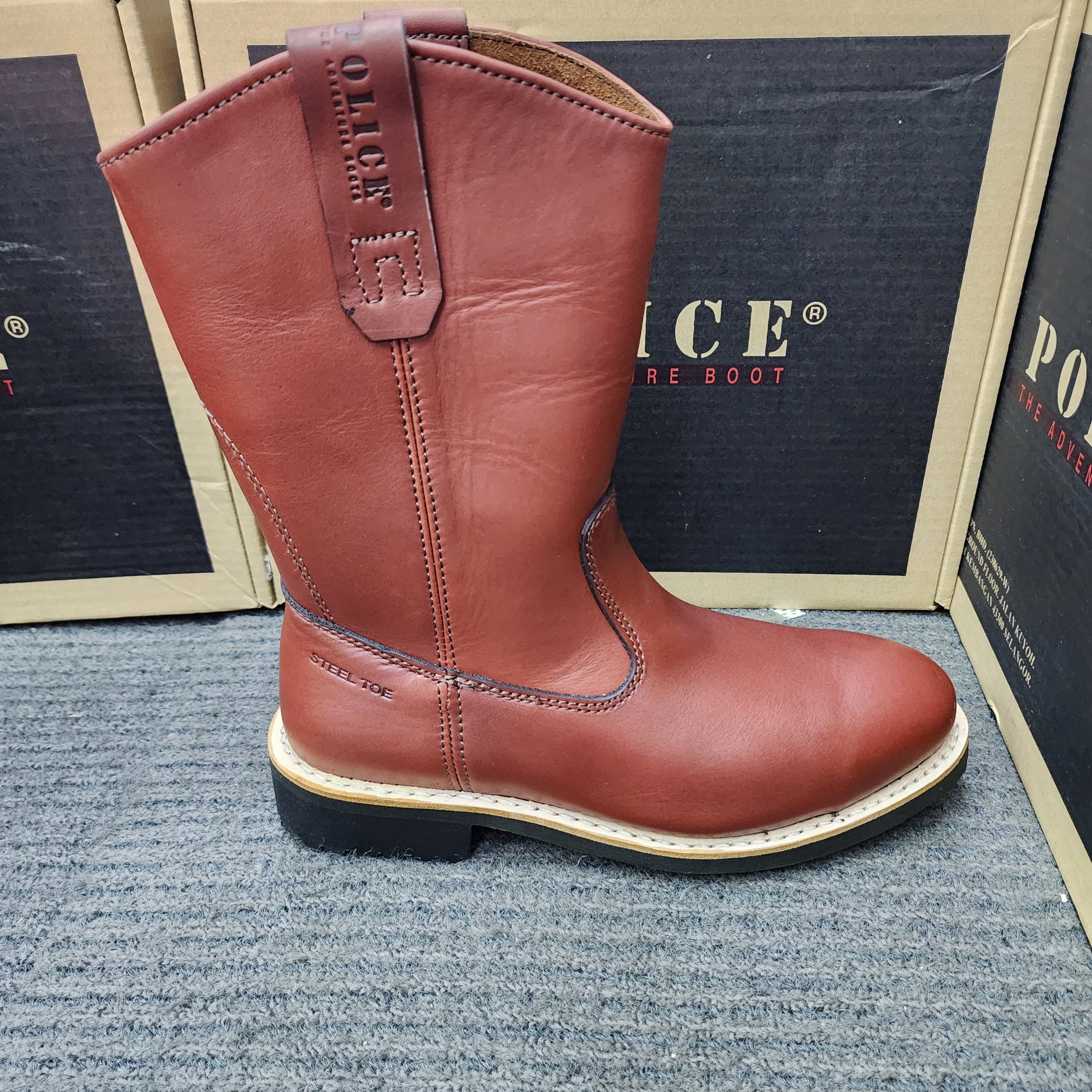 POLICE SAFETY SHOES 91494 HIGH CUT BOOT BROWN MAROUN DARK MAROON LEATHER BOOT CUTTING A TOE CAP SLIM KASUT KESELAMATAN POLIS DENGAN WARNA MAROON GELAP DAN COKLAT SESUAI UNTUK KEGUNAAN KESELAMATAN Keselamatan