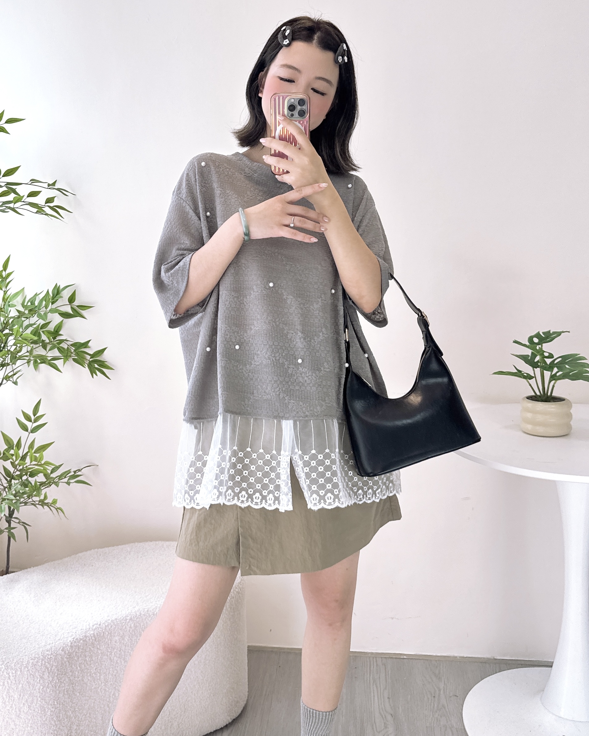 鑲珍珠針織混紗寬鬆上衣 2色