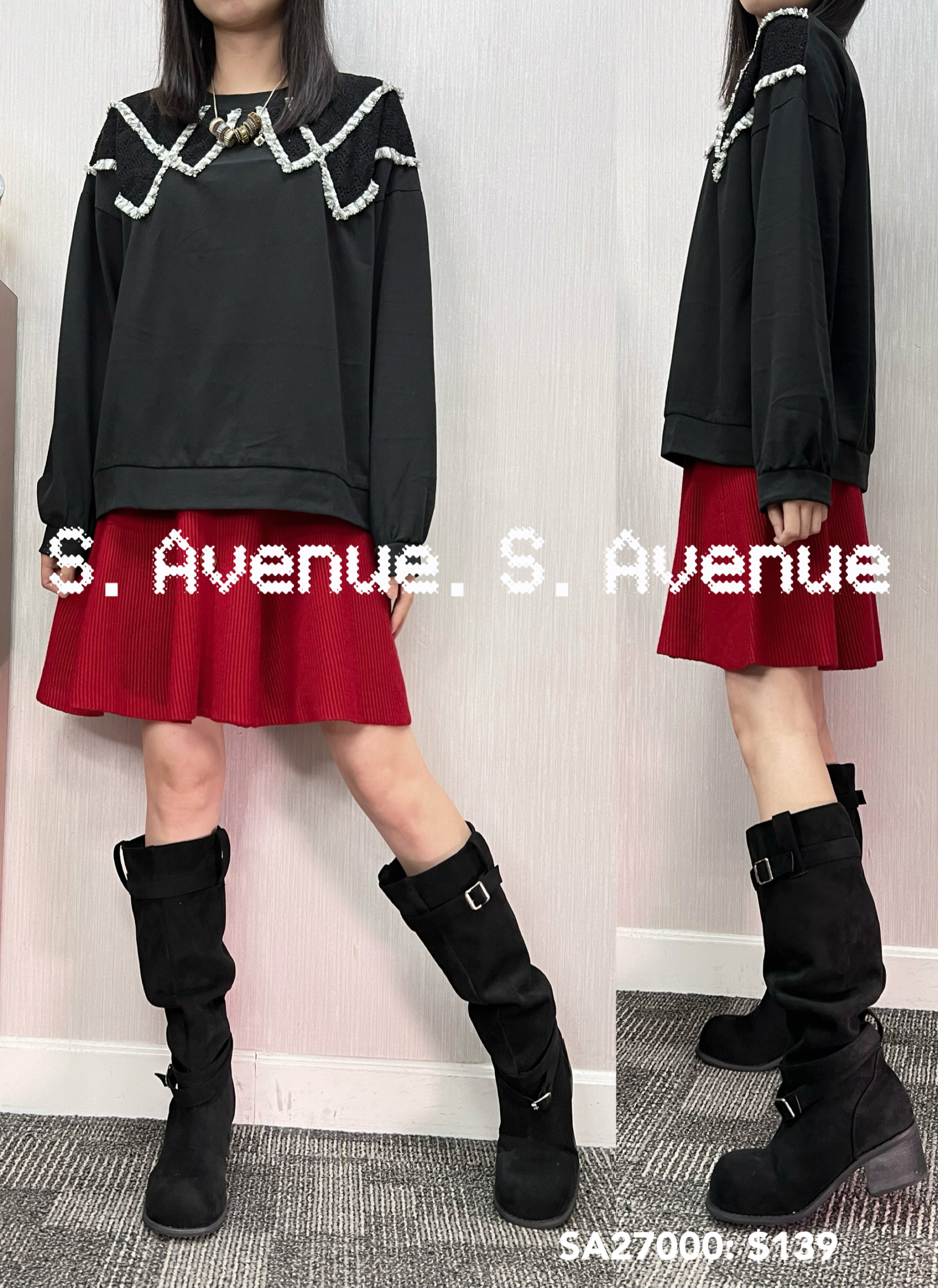 SA27000: 長袖領lace織帶邊領淨色tee