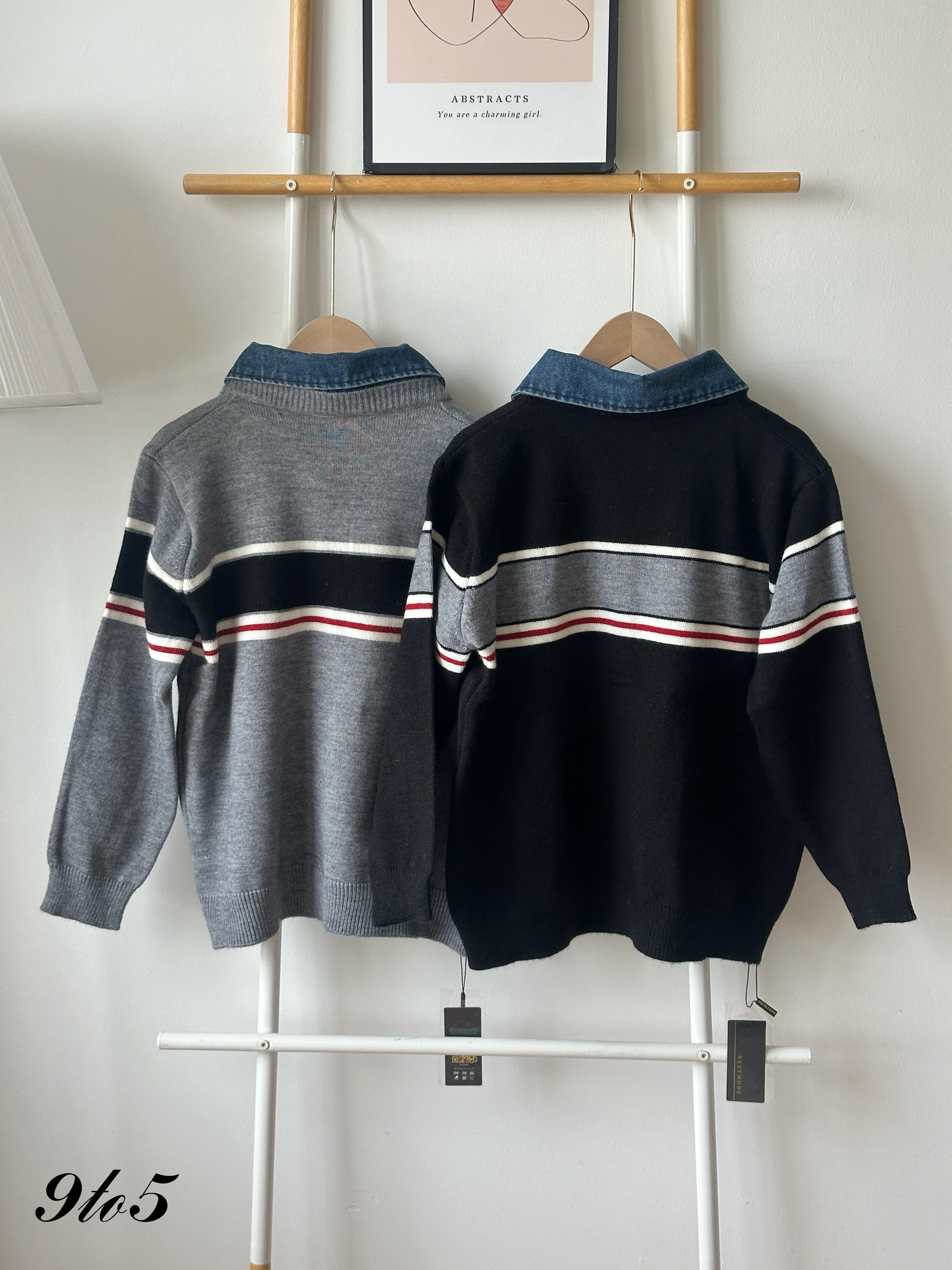 T4359 Denim Collar Knit Sweater - Black & Grey