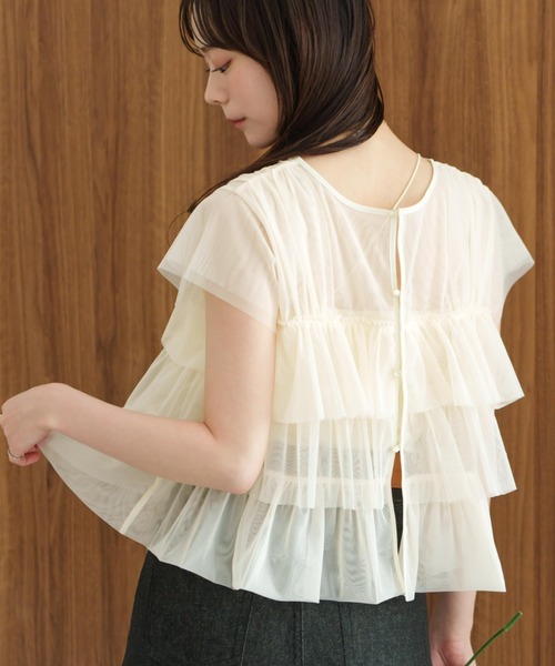 薄紗荷葉邊法式袖上衣【JT037】
