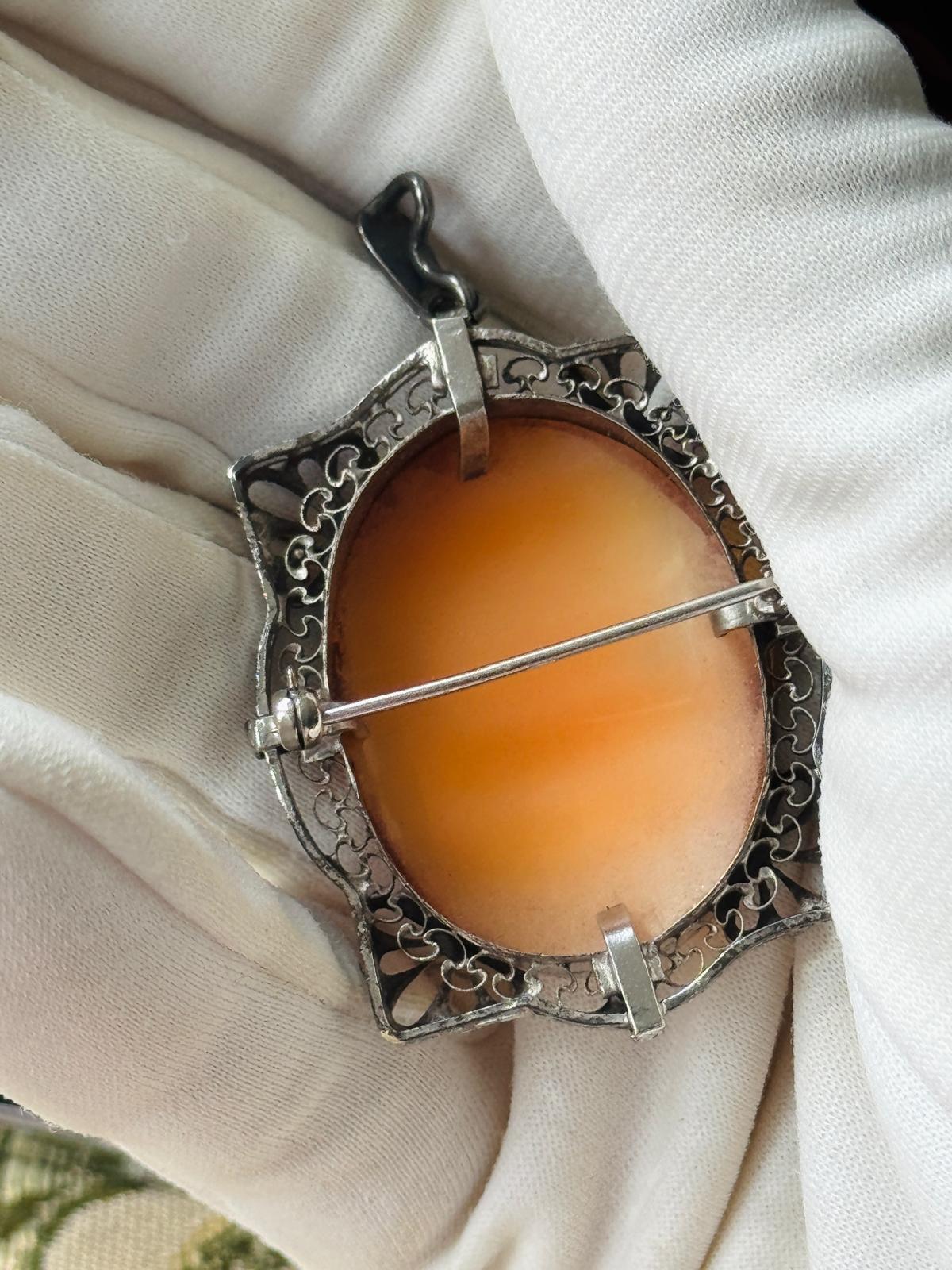 1920s–30s Antique Art Deco Sterling Silver Shell Cameo Brooch and Pendant (MT2634)