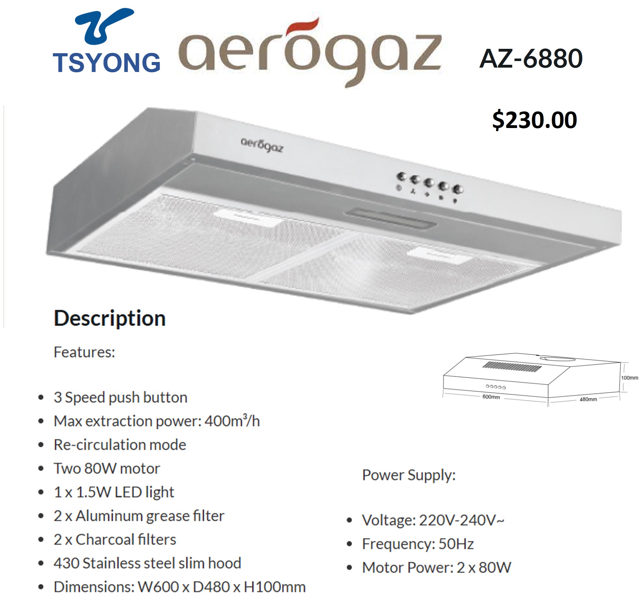 AEROGAZ 60cm Slim Hood AZ-6880