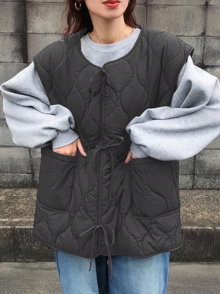 菱格紋綁帶背心外套