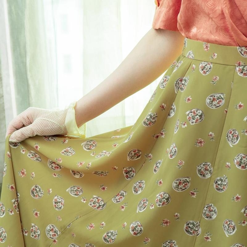 Vintage Japanese Bouquet Pattern Summer 8-Panel Swing Skirt - Waist 26~28" (MT1606-56)