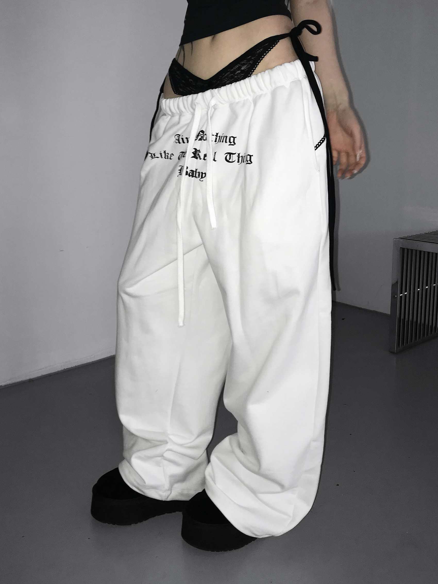 Layered Lace Waist Graphic Wide Leg Pants