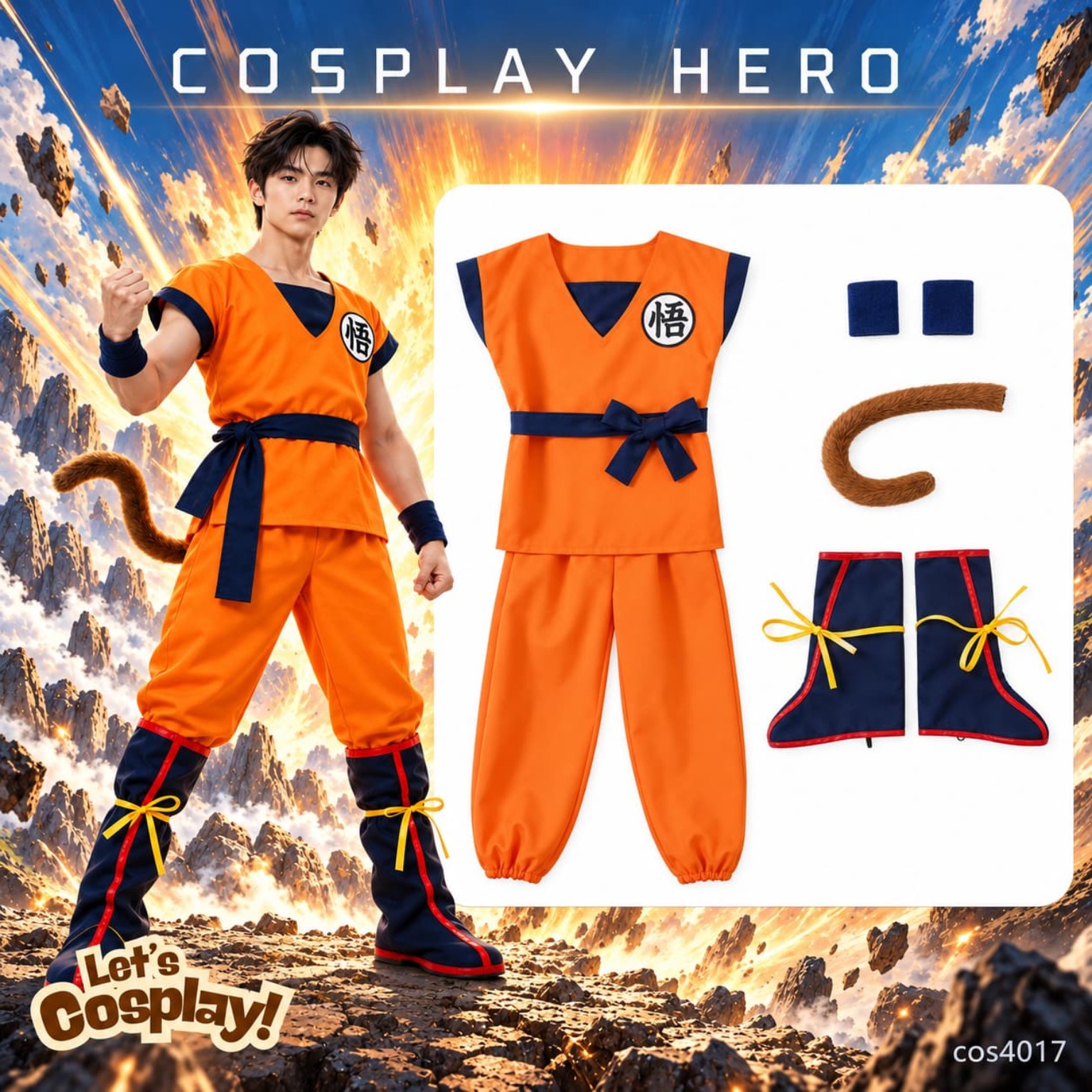七龍珠孫悟空Goku成人動漫角色扮演服裝全套連橙黃色假髮尾巴靴套｜萬聖節服裝｜香港現貨 Lets Cosplay