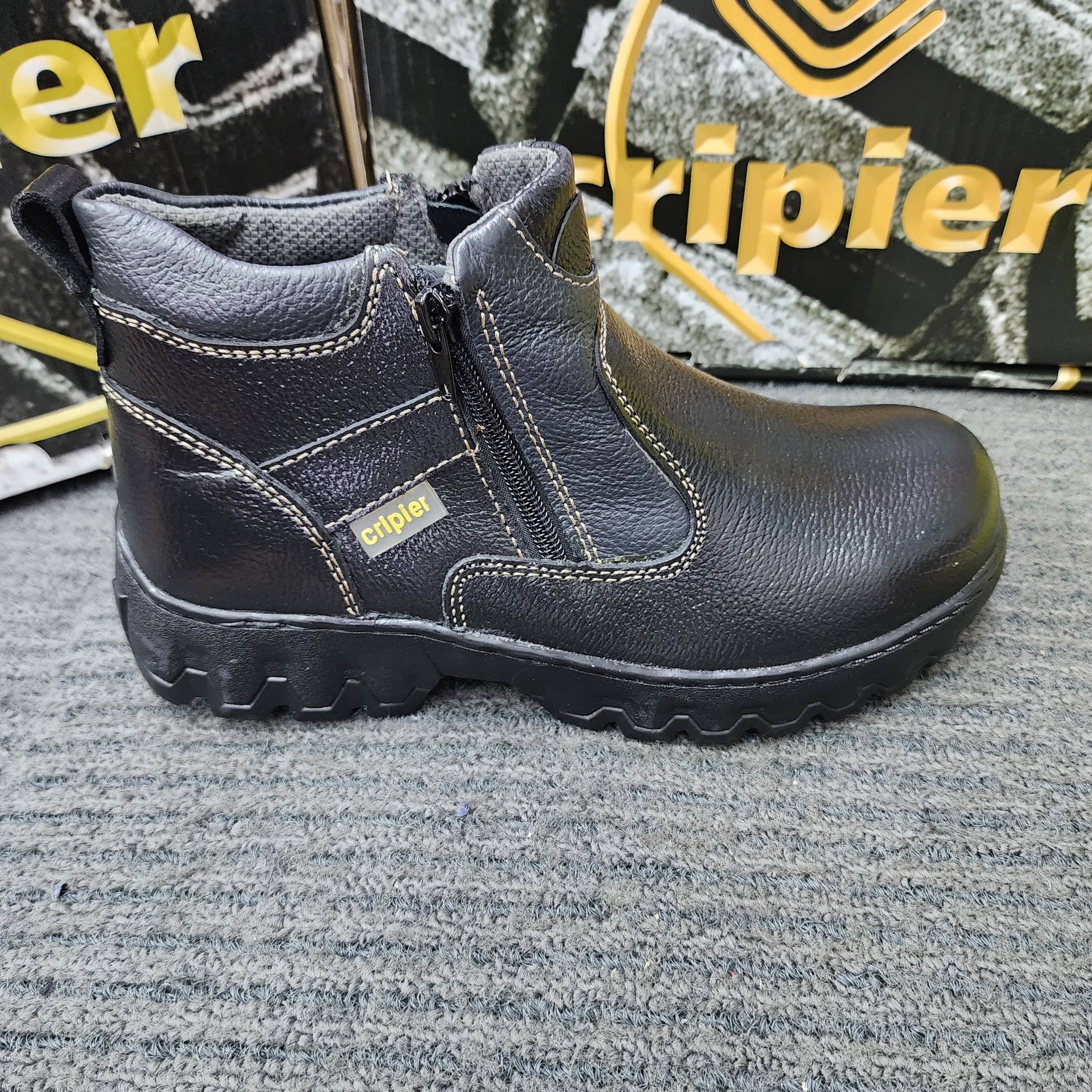 CRIPIER 6066 SAFETY SHOES DOUBLE ZIP MID CUT SIRIM DOSH Black Rubber Leather Kasut Keselamatan