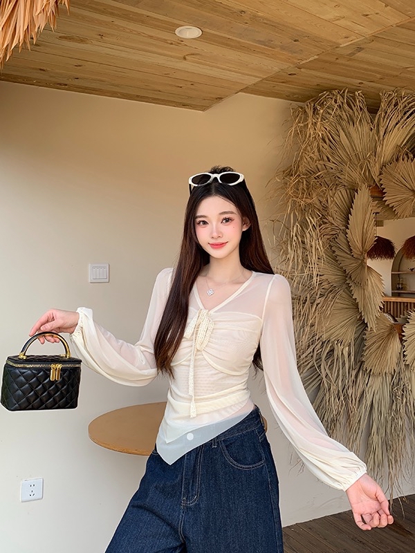 B243(3925) 法式V领系带网格弹力纱灯笼袖斜角下摆4色上衣