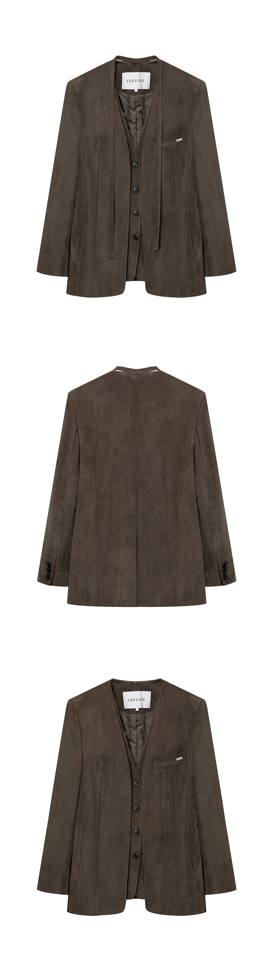 LOEUVRE Suede Layered Vest Jacket 麂皮假兩件層次無領西裝外套