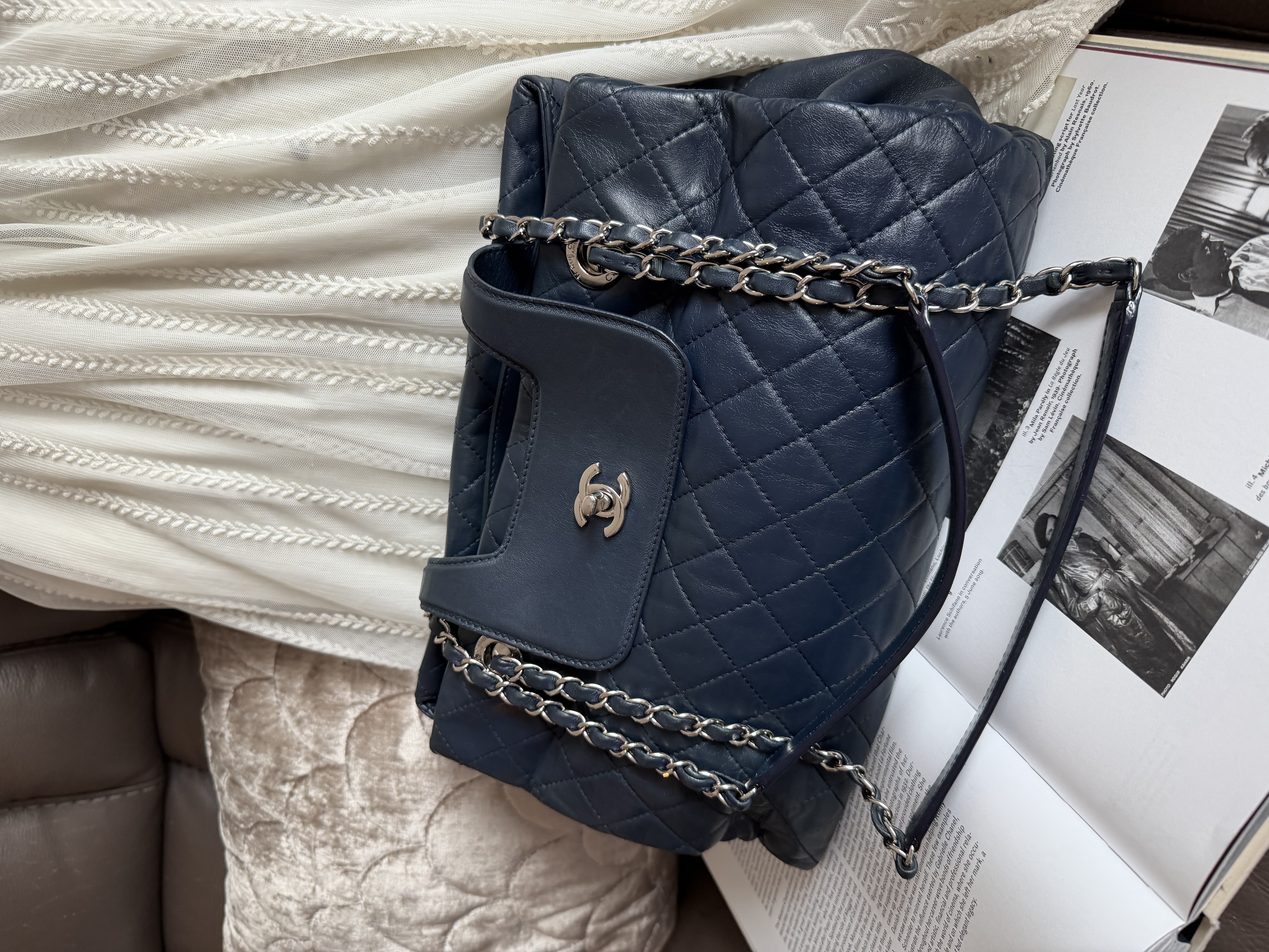 Chanel quilted matelasse navy leather chain bag