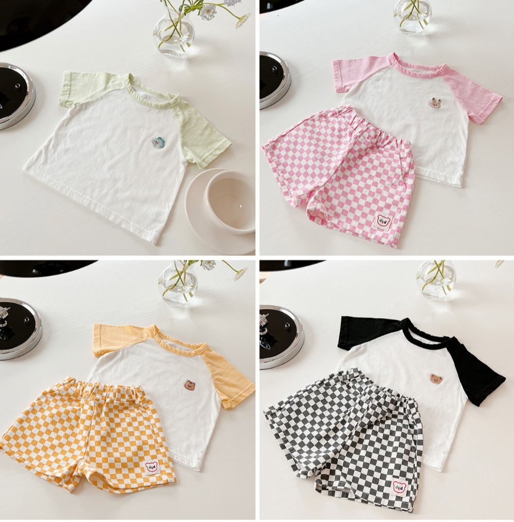 dot to dot 拼色短袖T-shirt+格仔繽紛熊短褲