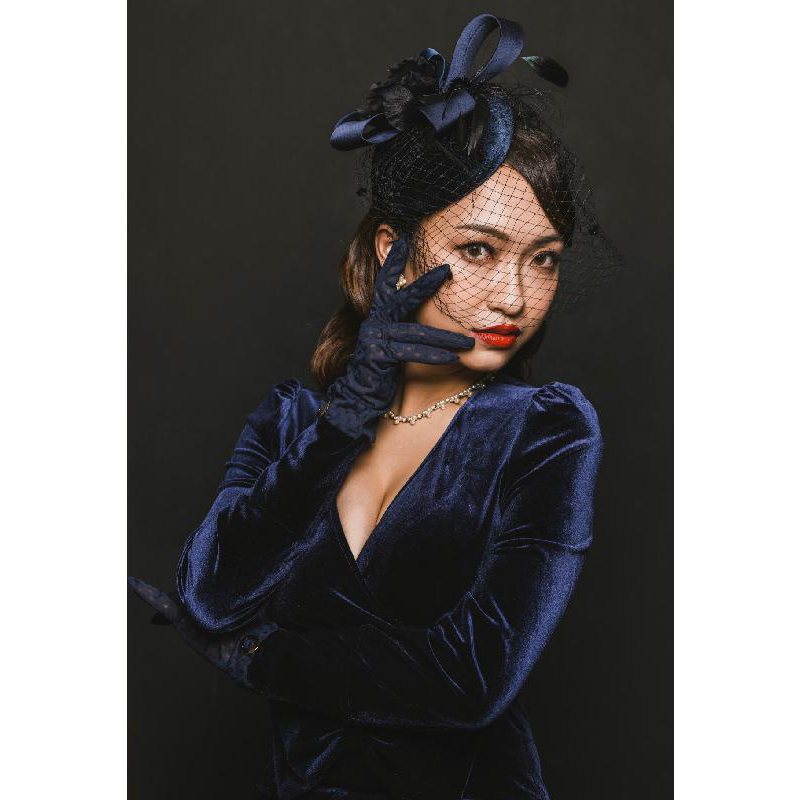 (SOLD OUT)Hollywood Era Ribbon Waist Cocktail Velvet Dress-Blue(FM128)