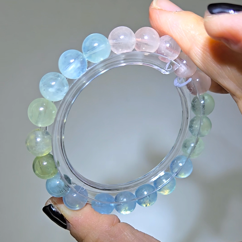 Morganite bracelets with 9mm beads in pink, blue, and green - MGN21