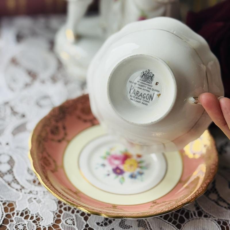 Vintage 1960s Paragon Made in England Bone China Soft Coral Teacup and Saucer Set - Tea Set Duo (MT1882)