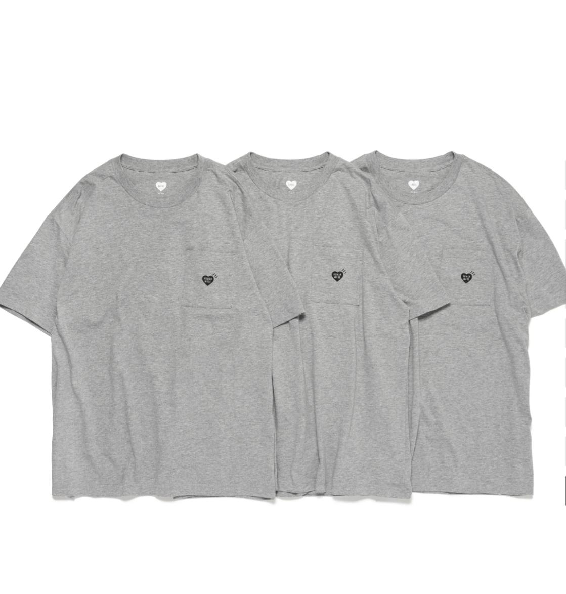 Human made pocket Tee套裝 齊色齊碼返貨👍🏻👍🏻 Navy / Black / white /grey set 一套3件 Size :m-xL 每一件T恤的左胸口袋上都有一顆“心”，不論是單穿還是疊穿都能帶來無限搭配可能性 每一件T恤的左胸口袋上都有一顆“心”，不論是單穿還是疊穿都能帶來無限搭配可能性