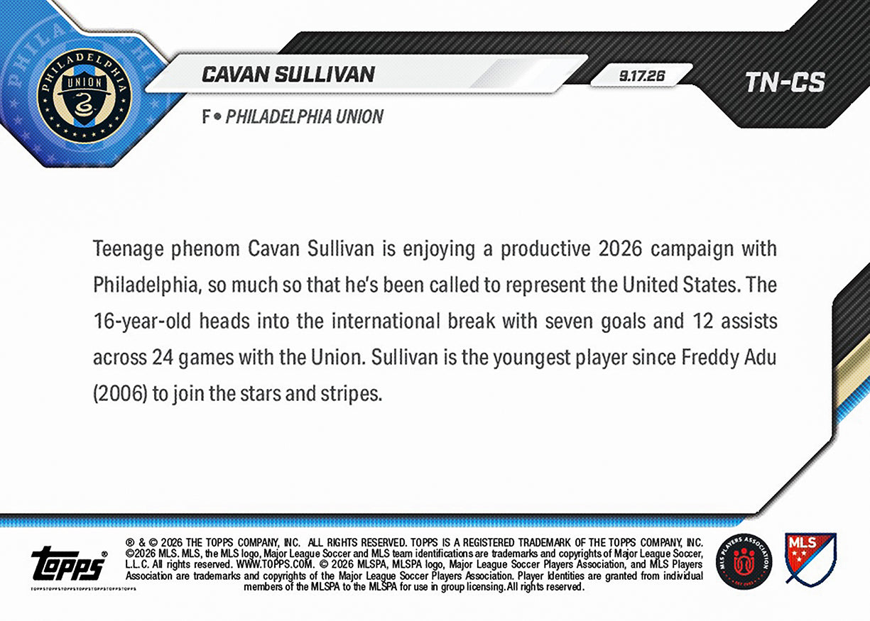 Cavan Sullivan - 2026 MLS Topps NOW TCNS 美國大國腳徵召紀念卡【團購】