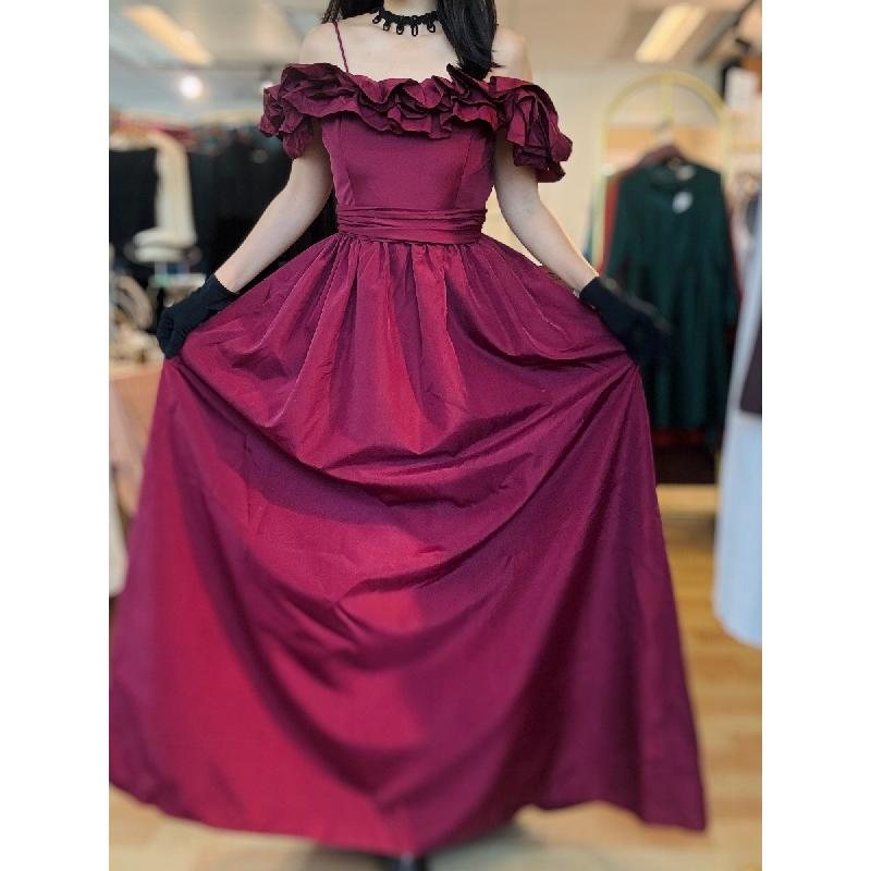Vintage 1980s Wine Red Ruffle Off-Shoulder Evening Gown / Cocktail Dress (MT2568)