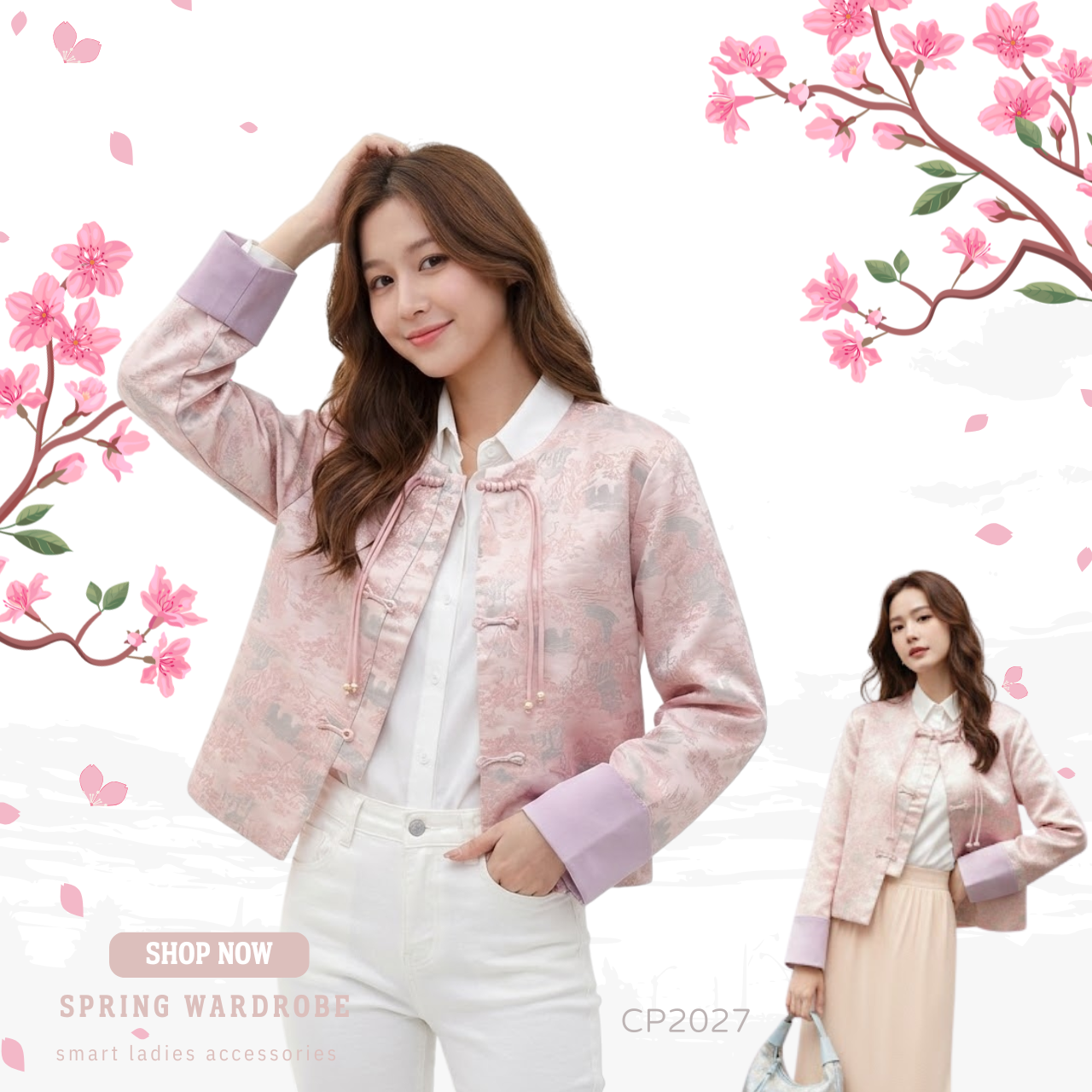 【成人新年衫】女裝櫻花粉改良唐裝外套｜春季輕薄中式立領外套｜氣質拜年衫 CP2027｜Vbuy