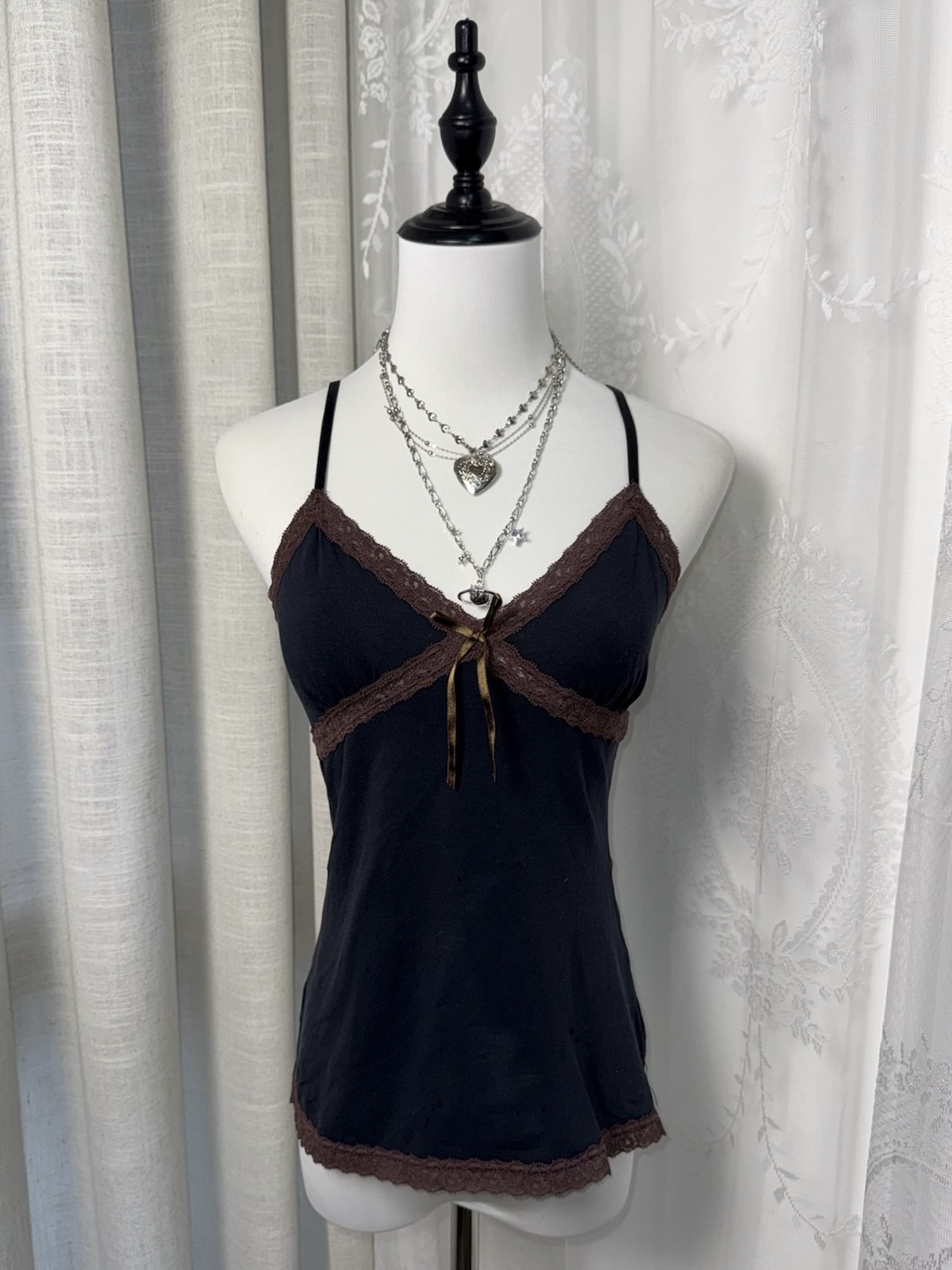 Vintage Espresso Black & Brown Lace Trim Cami Top