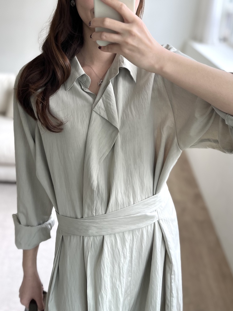 Minimal Belted Shirt Dress (Khaki)
