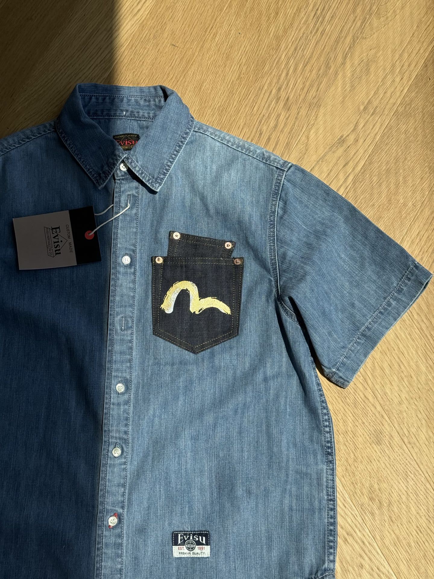 Evisu Artistic Brush Daicock Print Relax Fit Denim Short-Sleeves Shirt