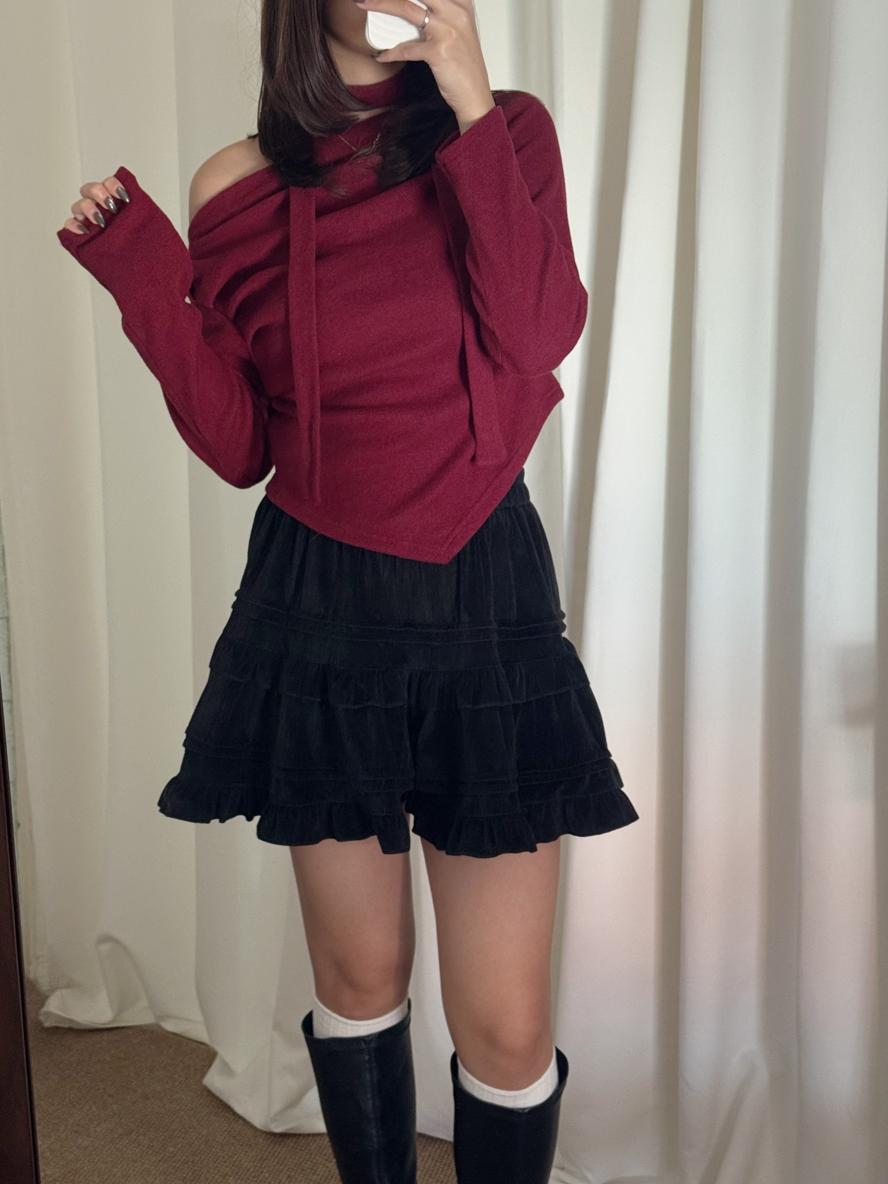 皺皺毛呢頸帶長袖上衣(四色入)