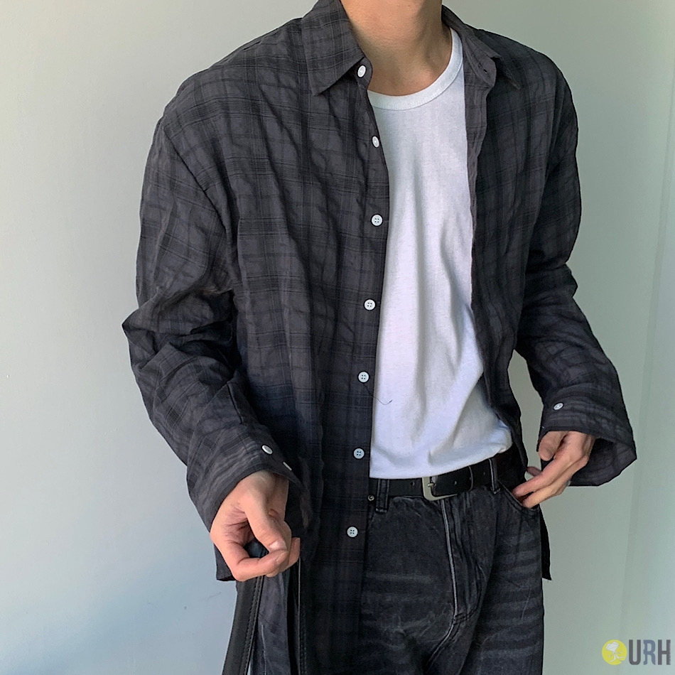 【100%保證韓國直送】韓系質感 細格紋自然皺褶棉質長袖恤衫 👕 [6 color] RF118055