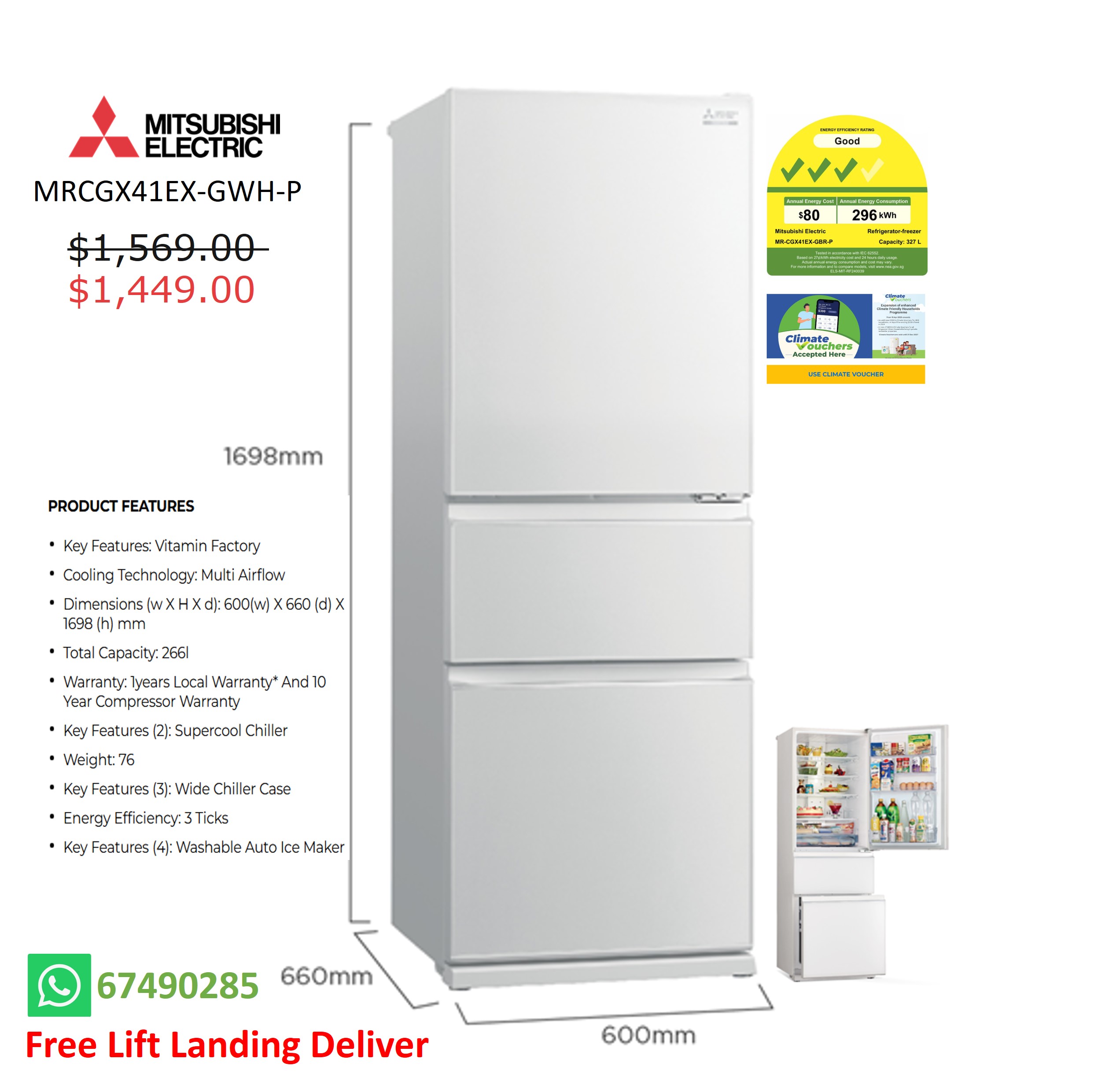 Mitsubishi MR-CGX41EX 3 Doors Refrigerator