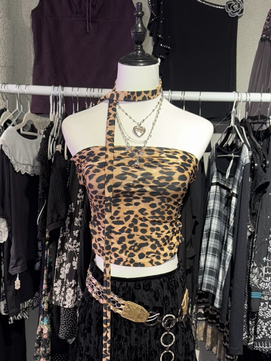 Cheetah Print Ruched Tube Top with Skinny Scarf