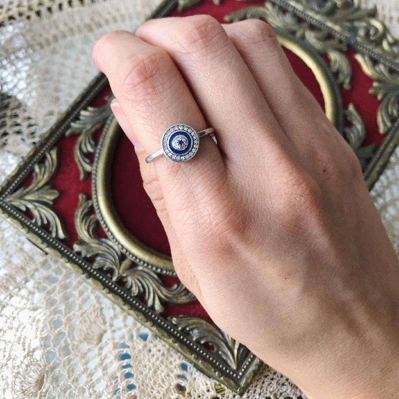 Edwardian Style Retro 925 Silver Blue Enamel Sparkling Stone Ring(MT286)