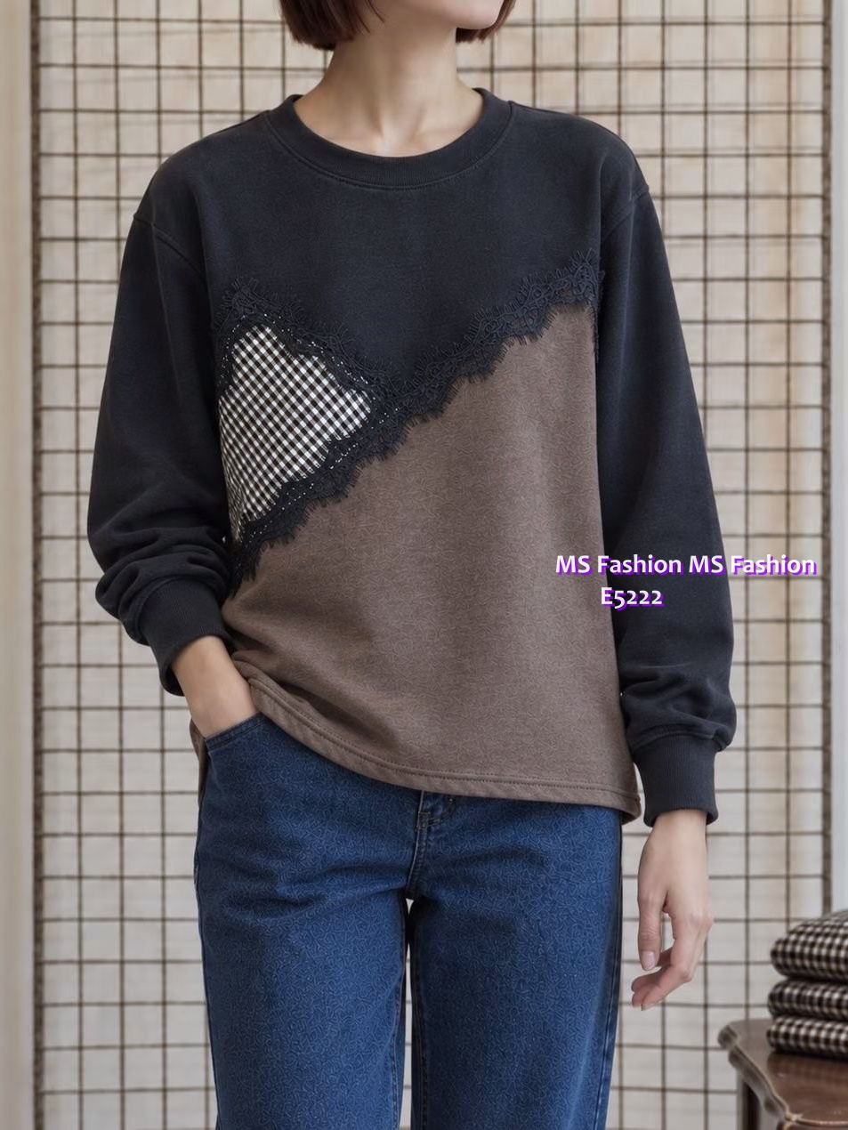 E5222 格紋lace拼布top