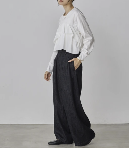 丹寧風人字紋褶褲 - 2026 流行穿搭  女士長褲 春夏時尚穿搭 柔軟舒適 成人休閒 日常穿搭 易於配搭 日本直送   #JP-I-260032