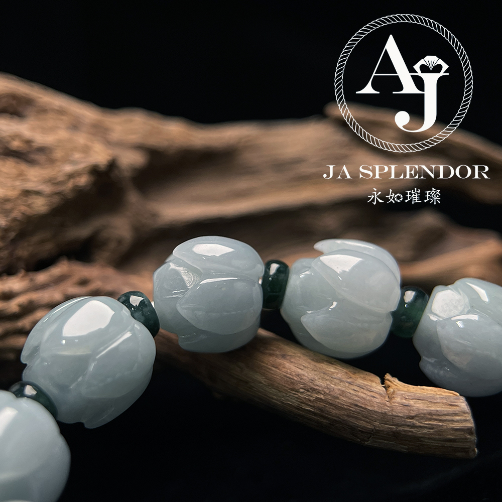 JB-257- 膠潤晴水藍綠色清心定神/年年有餘蓮花手串