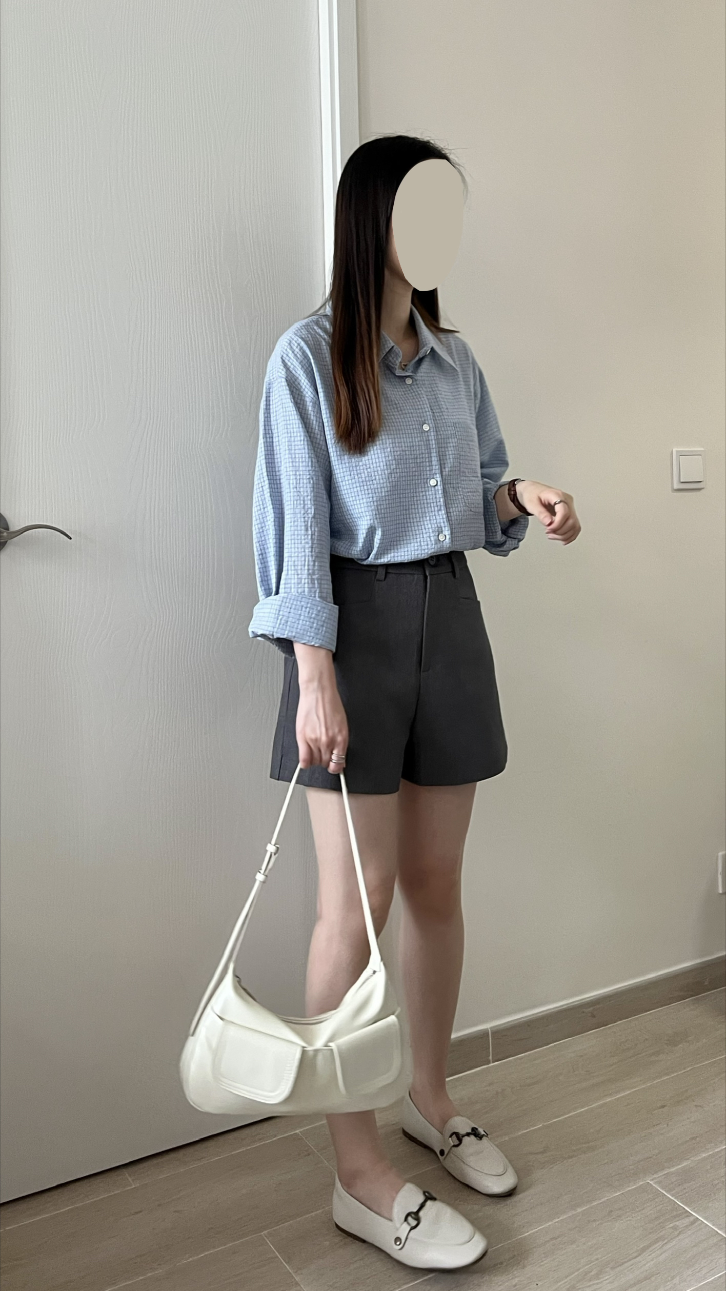 韓風細格紋薄恤衫 