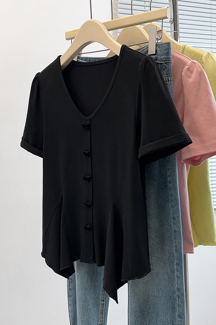 B225(36850) 韩系甜美风前排立体黑蝴蝶结腰边鱼尾3色上衣