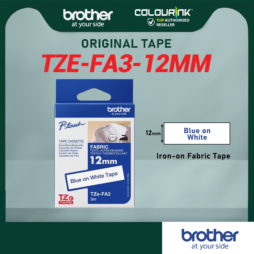 Brother Original TZe-FA3 12mm Blue on White Tape Label Fabric Tape (iron on)