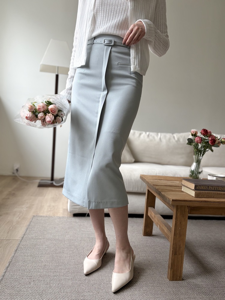 Belted Pencil Skirt (Blue)