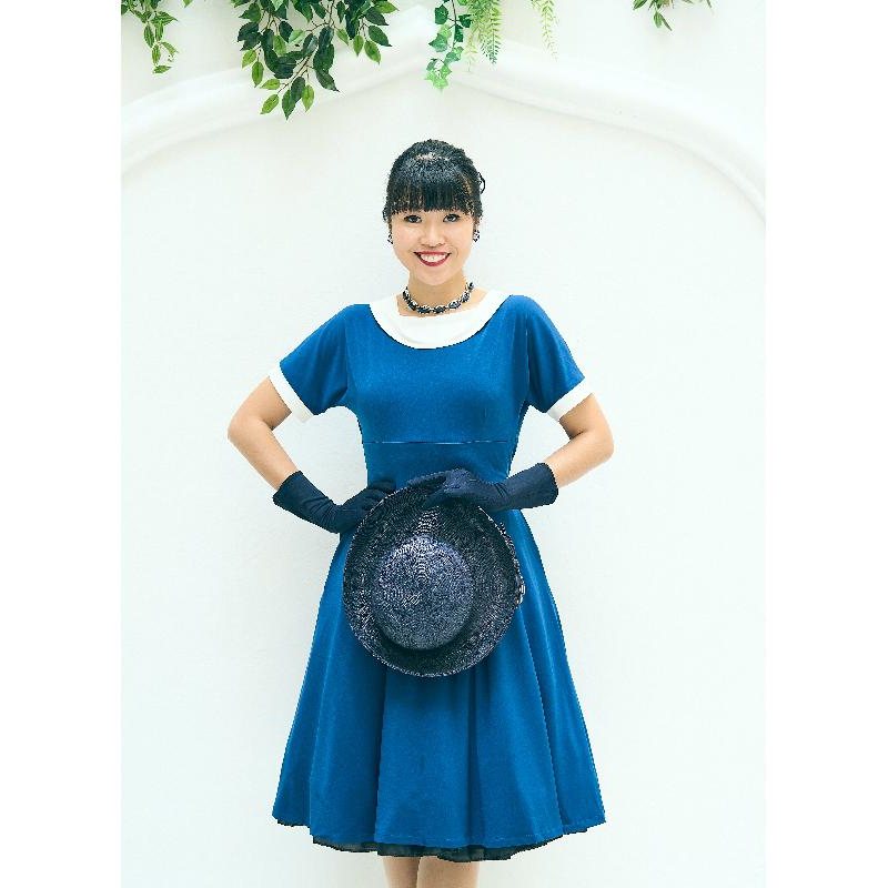 (SOLD OUT)1950s Style Two Way Roll Over Collar Jersey Two-Tone Swing Dress (FM180)