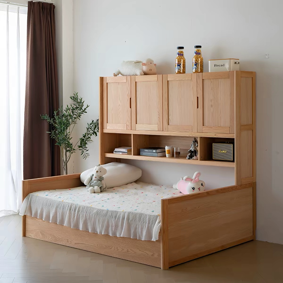 全實木兒童床連衣櫃一體多功能 小戶型 1.2 米單人床備儲物空間 bed
