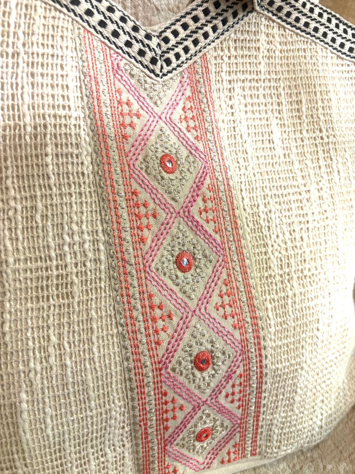 印度製造 - 米白色棉麻暗格仔紋刺繡袋