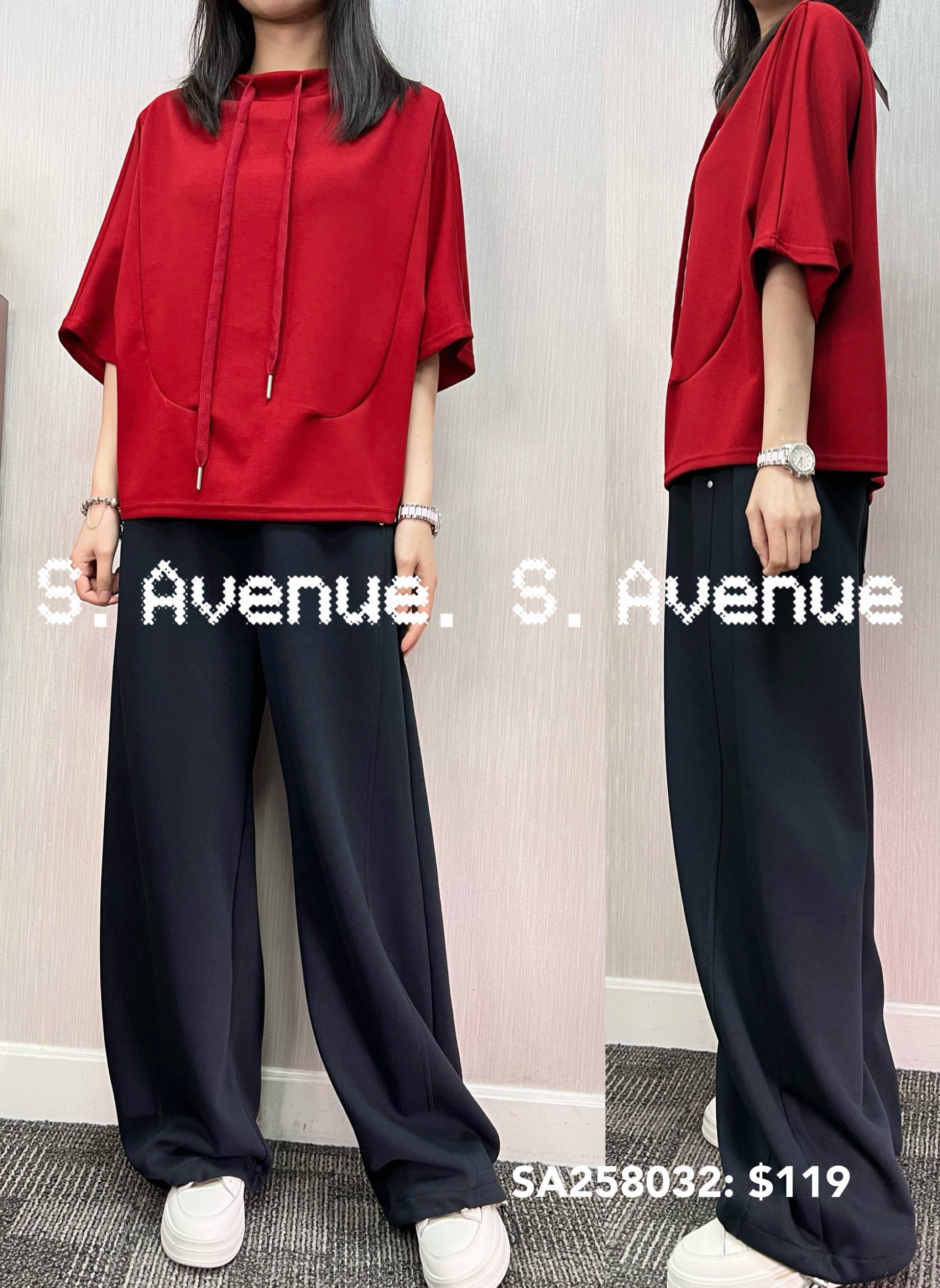 SA258032: 5分袖領有繩少少蝙蝠top