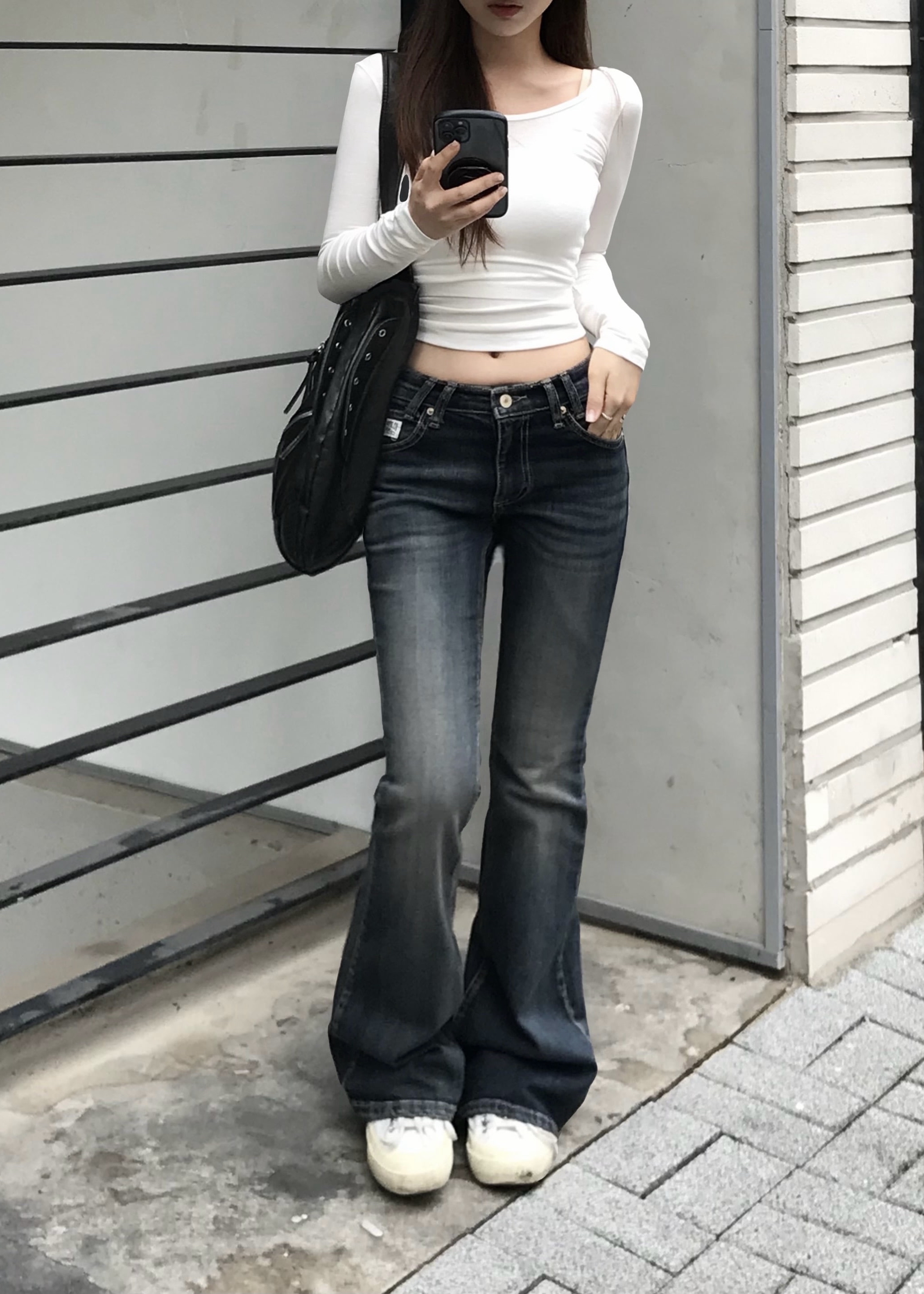 Vintage Washed Low-Rise Flare Jeans
