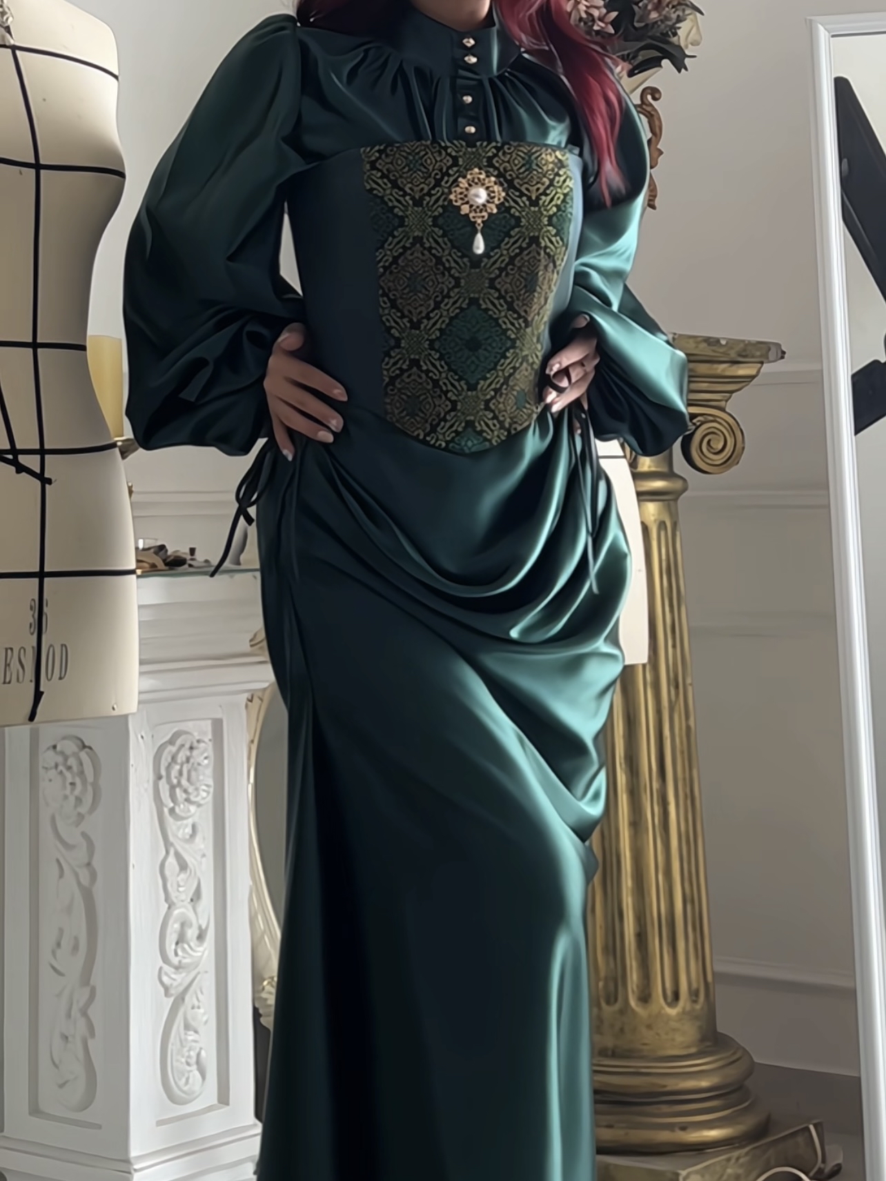 Kadita Songket Corset and Draped Skirt with King Blouse in Emerald Green